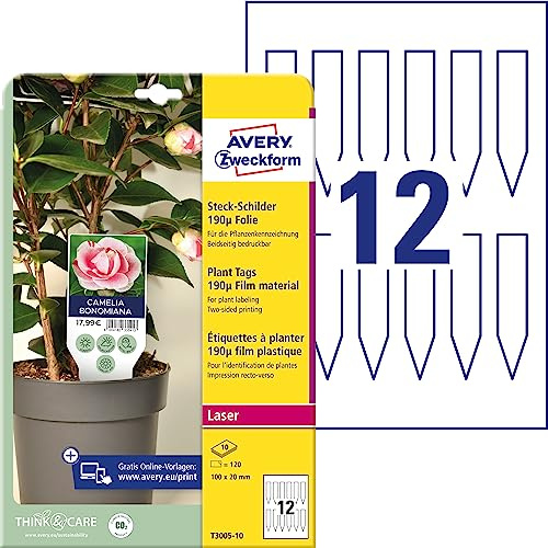 AVERY Zweckform T3005-10 väderbeständiga skyltar, 120 stycken (100 x 20 mm på A4, tryckta växtskyltar på båda sidor, slitstarka, slitstarka, trädgårdsskyltar, växtskyltar) folie, vit