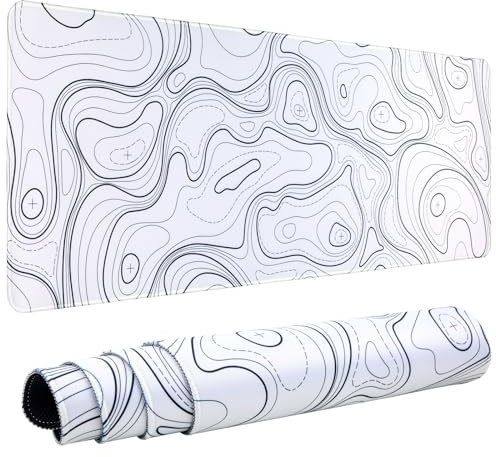 JINJIASC Gaming Mouse Pad Topographic Contour Large Desk Mat Long Computer Keyboard Mouse Mat Mousepad with Slip Base Desk Pad Edge for Home Office Work (White)