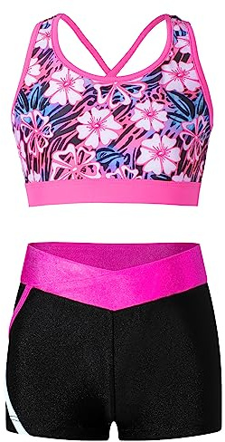 dPois Ensemble Sport Fille Enfant Tenue Gymnastique Danse Costume Patinage Haut Court Tank Top + Short Danse Tenue Yoga Gym Fitness 3-16 Ans Rose 5-6 ans