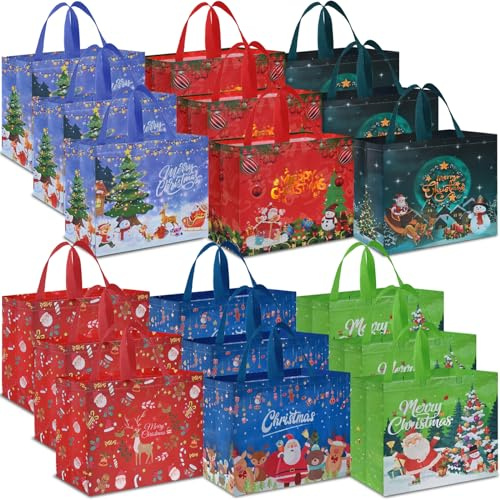 AhfuLife 18pcs Sacchetti Regalo di Natale, 36×40×15cm, Grandi Borsa Natalizia con Manico per Confezioni di Regali, Borse di Natale Riutilizzabile in Tessuto Non Tessuto, Pacchetto regalo Natalizio