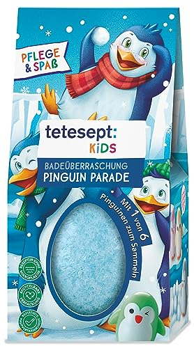 tetesept KIDS Badeüberraschung Pinguin Parade – Sprudelnde Badekugel mit frischem Duft und Pinguin-Sammelfigur – Sprudelnder Badespaß und blaues Wasser – 6 x 190 g