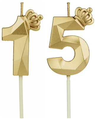 DTXLX Velas 3D cumpleaños Dorado números 15 con corona, para tartas, decoración cumpleaños, velas cumpleaños niños, fiestas, bodas, fiestas empresa, aniversarios (Dorado #15)