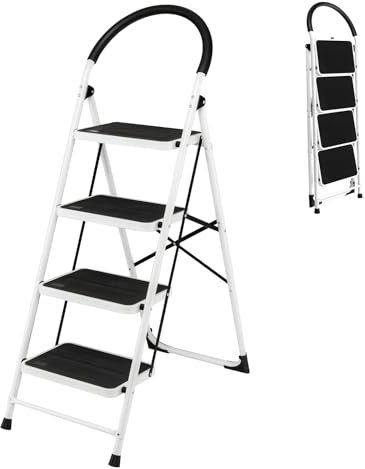 GiantexUK Folding 2/4 Step Ladder, Steel Stepladder with Anti-Slip Pedal & Reinforced Crossbar, Portable Safety Ladder Stool for Home Garage Workshop, 150kg Weight Capacity (4 Step, 46 x 90 x 136cm)