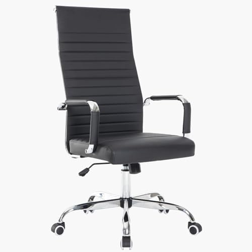 BAKAJI Silla de Oficina de Piel ergonómica con Respaldo Alto y Soporte Lumbar, sillón de Escritorio Giratorio con Altura Ajustable a Gas y Ruedas giratorias a 360°, Base de 64,5 cm cromada (Negro)