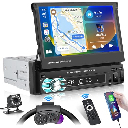 Inefala bilradio 1 Din Carplay och Android bilradio med 7-tums återtraktabel skärm med Bluetooth, Mirror Link, FM, rattstyrning, EQ, USB, AUX, bakkamera