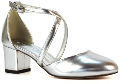 Women's Strappy Ankle Strap Mid Low Block Close Toe Heel Ladies Silver Metallic Court Shoes Size 4