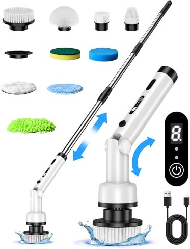 Cepillo de Limpieza Eléctrico con 9 Cabezales, Cepillo Limpieza Hogar Longitud y ángulo Ajustables, Motor Potente de 3 Velocidades, Batería de Larga Duración 100min para Baño, Cocina, Coche