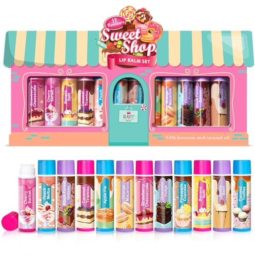 Set di 12 balsami per labbra per bambini con cera d'api e olio di cocco incolori per ragazze e ragazzi (1 unità (Confezione da 12), Sweet Shop)
