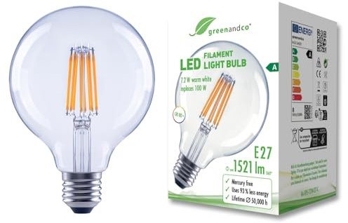 greenandco Glühfaden LED Lampe | klar | E27 G95 | 7,2W 1521lm | ersetzt 100W | 3000K warmweiß | 320° | 230V | flimmerfrei | Energieeffizienzklasse A | nicht dimmbar