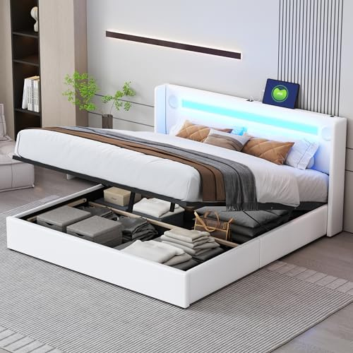 Letto imbottito matrimoniale 160x200 cm con testiera, illuminazione LED, altoparlante Bluetooth e ricarica USB, letto in similpelle con spazio di archiviazione e rete a doghe, senza materasso (Bianco