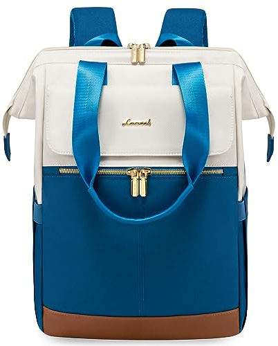 LOVEVOOK Rucksack Damen Blau, Laptoprucksack mit USB, Schultasche Teenager, Backpack Women Elegant, Arbeitsrucksack & Handtasche 2 in 1, 15,6 Zoll Arbeitstasche für Beruf Büro und Pendeln, Blau-Beige