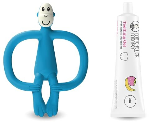 Matchstick Monkey Zahnungs-Set - Beißring + Bio Zahnungsgel Erdbeere-Banane – Natürliche Zahnungshilfe für Babys ab 3 Monaten, Vegan, Tierversuchsfrei, BPA-frei (Affe blau + Zahnungsgel)