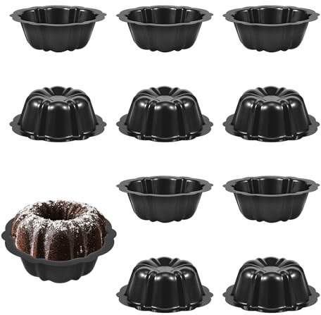 10Pcs 4 Inch Nonstick Fluted Mini Cake Pan, Stackable Mini Flan Molds Pan, Carbon Steel Tube Muffin Pans, Metal Round Pumpkin Shaped Cake Mould for Cupcake, Bread, Jello, Chocolate, Brownie (Black)