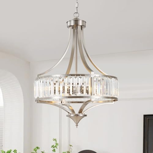 CNRATYE 20 Brushed Nickel Chandeliers for Dining Room, 5-Light Modern Crystal Chandelier for Entryway, Hanging Round Light Fixture for Kitchen Island Living Room Bedroom Office Bathroom Staircase