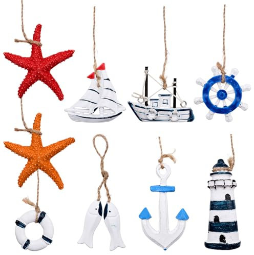 9 pezzi di decorazioni marittime piccole in legno, mini decorazione per finestra da appendere, barca, stella marina, pesce, timone, faro, volante, barche a vela, salvataggio in miniatura per rete da