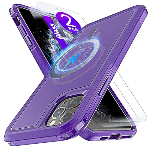 YmhxcY Magnetic for iPhone 11 Pro Max Case 6.5-Inch,Fit for MagSafe,[2 Pack Tempered Glass Screen Protector] Shockproof Military-Grade Protection case-Purple