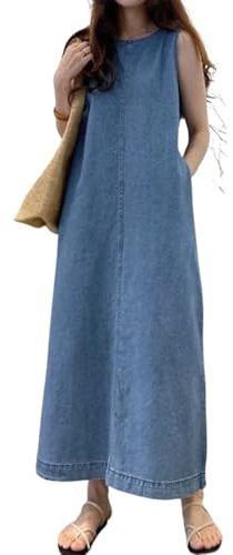Vestido Largo Informal sin Mangas de Mezclilla para Mujer, Estilo Vintage, Holgado, con Cuello Redondo y Bolsillos (Blue,S)