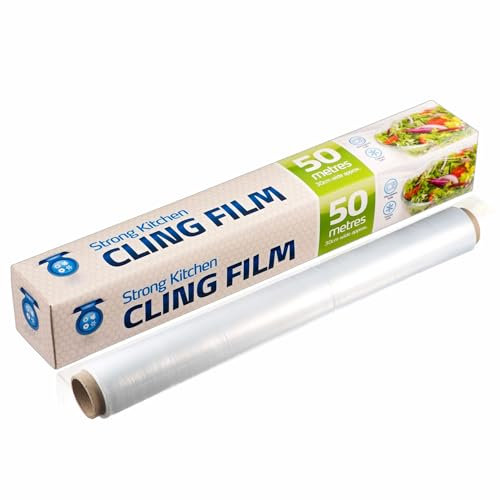 Pellicola trasparente con taglierina scorrevole facile, 50 m x 30 cm, pellicola in plastica resistente per la conservazione degli alimenti, frigorifero e catering, per tutte le stagioni, per casa o