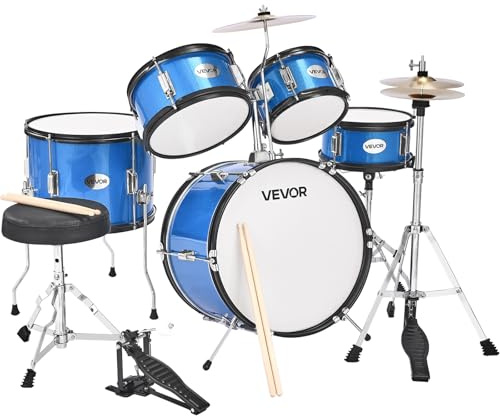 VEVOR Batterie Enfant, 5 PCS, Batterie Débutants, Grosse Caisse 45 cm avec Tom-Tom, Caisse Claire 25,4 cm Tom Basse 36 cm, avec Siège, Baguettes, Kit Apprentissage Musical pour Enfants 6-13 Ans, Bleu