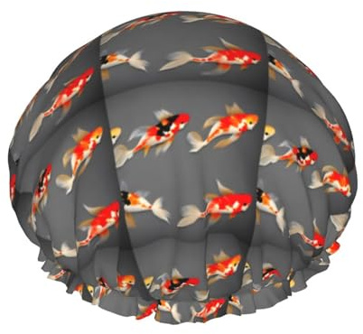 Gorro de ducha tradicional de carpas koi con estampado de lunares, doble capa, impermeable, para mujeres y hombres, reutilizable, banda elástica