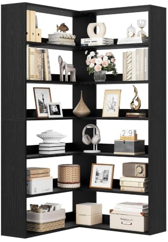 IRONCK Bookcase Corner Bookshelf 6-Tier, Tall Bookshelf Free Standing with Baffles, Wooden Open Storage Display Rack, L-shaped Shelving Units for Living Room Bedroom Office, 89.5x89.5x180cm (Black)