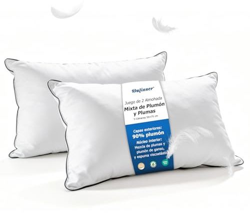 Dafinner 3 cámaras Almohada 50 × 75 cm-2 Unidades, 90% plumón cámaras ext. Mezcla Plumas INT., Oeko-Tex Downpass Soporte Medio Funda algodón orgánico