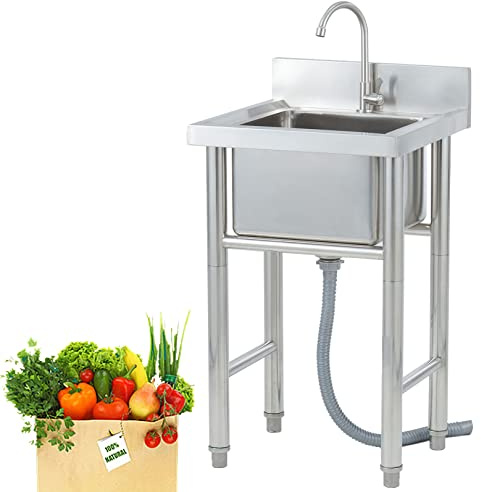 Lavello di servizio in acciaio inox 304, lavello da cucina commerciale per ristoranti, grande, con vasca singola e rubinetto, vasca per lavanderia indipendente (19,7/23,6)