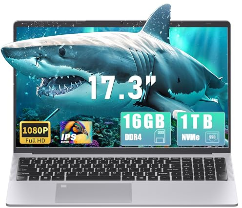 Fsjun 17.3 FHD Silver Laptop Computer, 16GB RAM, 1TB NVMe SSD, Quad-Core Processor Celeron N5095, Backlit Keyboard, Fingerprint Login, HDMI, USB 3.0x3, BT, Dual-Band WiFi Notebook