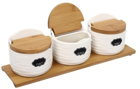 Lumivew Salt and Pepper Pots | 3-Piece Ceramic Spice Jar Set with Bamboo Lids and Sugar Spoons 250ml Condiment Containers with Spoons & Labels Flip-Top Lids for Kitchen Countertop Storage