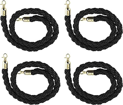 Tvinnat svart barriärrep med krokar i rostfritt stål – 4-pack 5 m/16,4 fot hållbart kontrollrep för åtkomstzoner, restauranger, banker – kraftiga hampaflätade kedjor, 3,2 cm (1,3 tum)