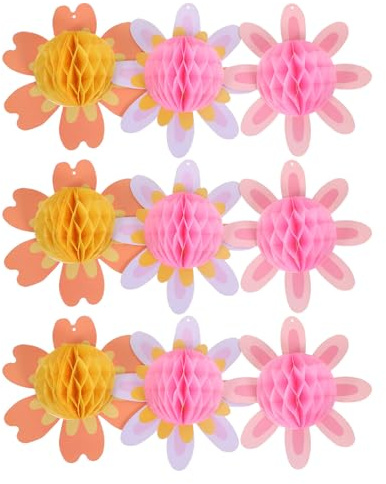 MAGICLULU Lot de 9 Décorations Suspendues en Nid d’Abeille à Motifs Floraux Printaniers en Papier Alvéolé Multicolores Boules Pliables avec Ficelle pour Fêtes Mariages Anniversaires et