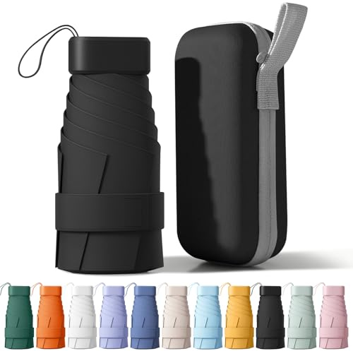 BONHHC Mini ombrelli,Ombrelli da Tasca, ombrello pieghevole tascabile, unisex portatili e pieghevoli (con custodia) (Nero)