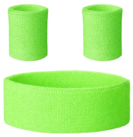 Neon Green Sweatband Set, Sports Headband and Wristbands Set Athletic Color Sports Sweat Bands 80s Fancy Dress Neon Party Accessories for Summer Ball Party