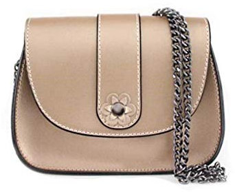 OBC Made in Italy Damen Leder Tasche Clutch mit Blume Applikation & Kette Umhängetasche Ledertasche Schultertasche Cross-Over Schmucktasche Nieten Messenger Bag (Leder-Rosa Metallic 19x13x8 cm)