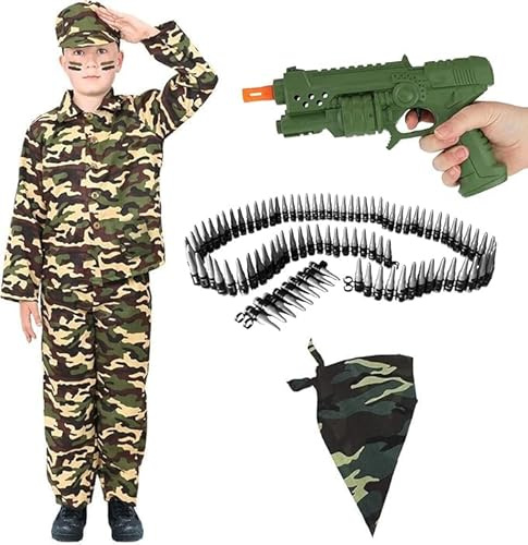 Déguisement de l'armée pour garçon avec pistolet jouet, ceinture à balles et bandana, costume de soldat de combat pour enfants, uniforme militaire pour enfants, fêtes costumées, cadeaux de