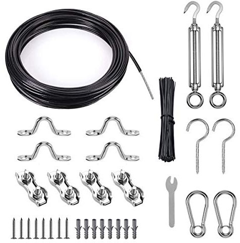 TooTaci Outdoor String Light Hanging Kit, Globe String Light Suspension Kit, Includes 30M/2.3mm Black Coated Stainless Steel Guide Cable, M5 Turnbuckle Wire Tensioner