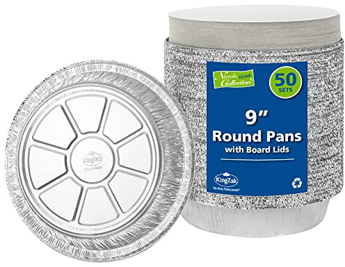 Nicole Home Collection Aluminum Pans 9” Round Disposable Foil Pans With Lids (50 Pack) – 9 Inch Round Disposable Takeout Pans With Board Lids (9 Inch Round)