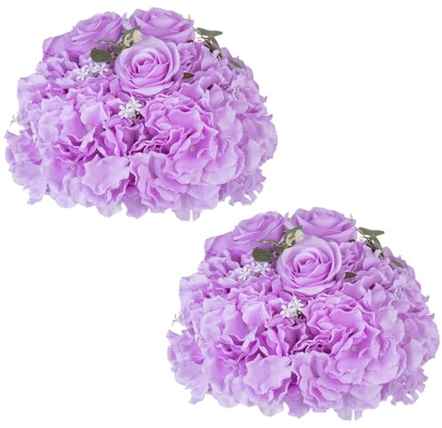 NUPTIO Artificial Flower Centrepieces for Tables: 2 Pcs 30cm Diameter Light Purple Fake Flowers Roses Balls Silk Faux Rose Arrangement for Wedding Party Centerpiece Table Decorations