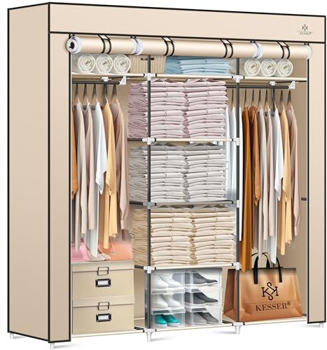 KESSER® Armario, Armario de Tela, Robusto con Barra de Colgar y estantes, Incl. 5 Perchas, Armario con Perchero, 150x45x175cm, Beige