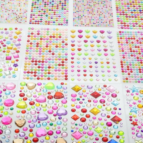 Behiruch 3400 Piezas Pegatinas Diamantes Autoadhesivas, 12 Hojas Brillantes Diamantes Pegatinas, para Decoración Manualidades Tarjetas Artesanales Cara Uñas