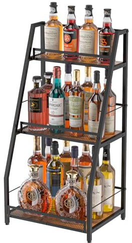 3-Tier Liquor Stand for Home Bar, Stepped Wine Rack Freestanding Floor for Liquor Whiskey Wine, Versatile Corner Wine Bottle Display Stand with Fences, Vintage Brown, Safe Height for Kids & Pets
