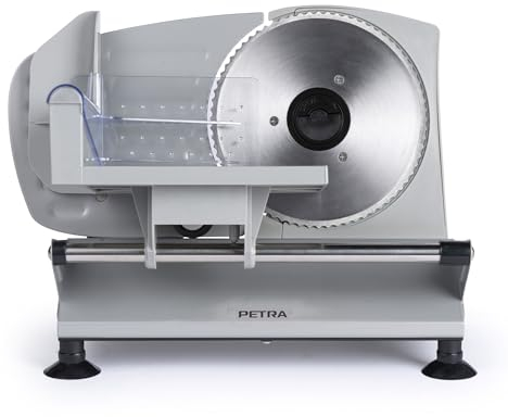 Petra PT4636VDE Affettatrice Elettrica – Macchina per tagliare alimenti, carne, formaggio, pane, spessezza da 1 a 15 mm, 3 x 170mm lame acciaio Inox, Antiscivolo, Dispositivo di Sicurezza proteggi