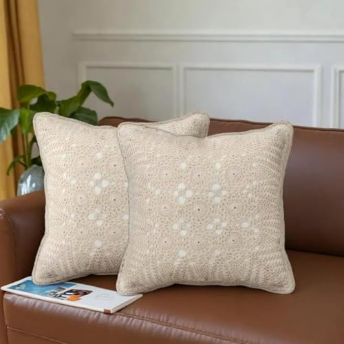 Peepul Tree Boho Throw Pillow Covers - Pack of 2 Decorative Crochet Cushion covers with a Quad Pattern | Handwoven Sofa Cushion covers for Couch Sofa Bedroom and Living Room(16x16 inch, Cotton, White)