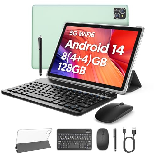 BAKEN Android 14 Tablet mit Tastatur, 10.1-inch, 128GB ROM+ 8GB RAM, 8000mAh Battery, Octa-Core, 2MP+8MP Dual Camera, 5G WiFi (Green)