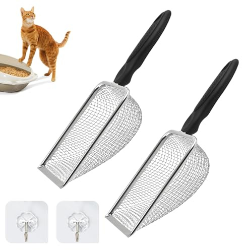 Qixuer Pala per gatti in acciaio inox, 2 pezzi, paletta per lettiera, paletta per gatti, colino sabbia 3,8 mm, manico nero (27 x 10 cm)