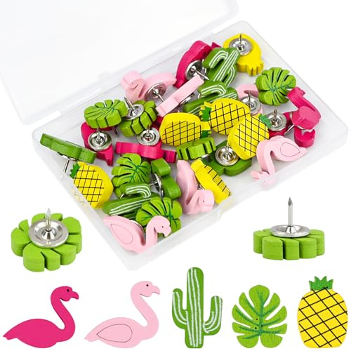 luckaide Reißzwecken, 30 Stück Pinnadeln Kaktus Flamingos Palme Blatt Daumen Holz Pinnwandnadeln Reißnägel Pins für Pinnwand Heftzwecke Reissnägel Holz Pinnadeln für Fotos Wand Karten Bulletin Board