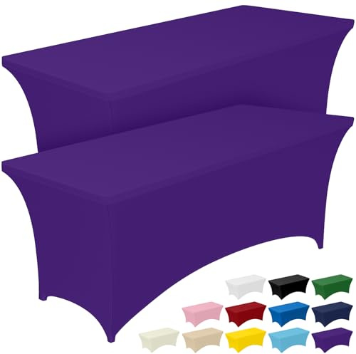 Pureegg Spandex Tablecloth 6ft Purple 2-Pack Table Cover | Wrinkle-Free and Stretch,for Party, Wedding, Banquet, Table Cloths Rectangular ,183L x 76W x 76H cm, Fitted and Tight