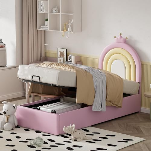 okwish Mädchen Kinderbett 90x200cm, Polsterbett mit Stauraum, jugendbett mit Lattenrost und Kopfteil, Holzlattenunterstützung, Einfache Montage, höhenverstellbares Kopfteil, PU, Rosa(Ohne Matratze)