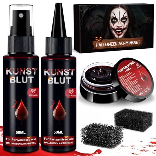 Fake Blood Halloween Makeup Kit - Realistic Washable Special Effects SFX Makeup Coagulated Blood + Dripping Blood+ Spray+ Sponges For Face Mouth Clothes Dress Up Stage Zombie Vampire Monster Cosplay