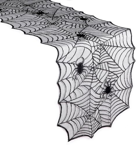 Teegxddy Decorazioni Per La Tavola Di Halloween,Tovaglia Nera Halloween- Nastro Da Nero Per Feste Di Ragnatele Con Runner Da Tavola(163×45 Cm)
